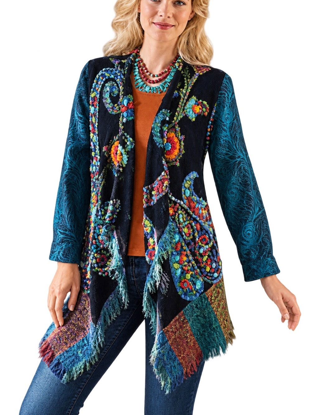 Soft Surroundings Embroidered Wool Silk Cardigan XL Boho Lagenlook Fringe Artsy